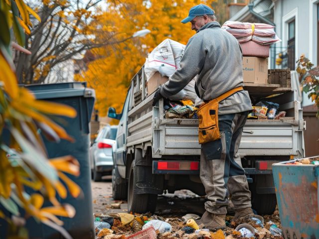 Trash collector loading discarded items onto a pickup truck Trash collector loading discarded items onto a pickup truck
